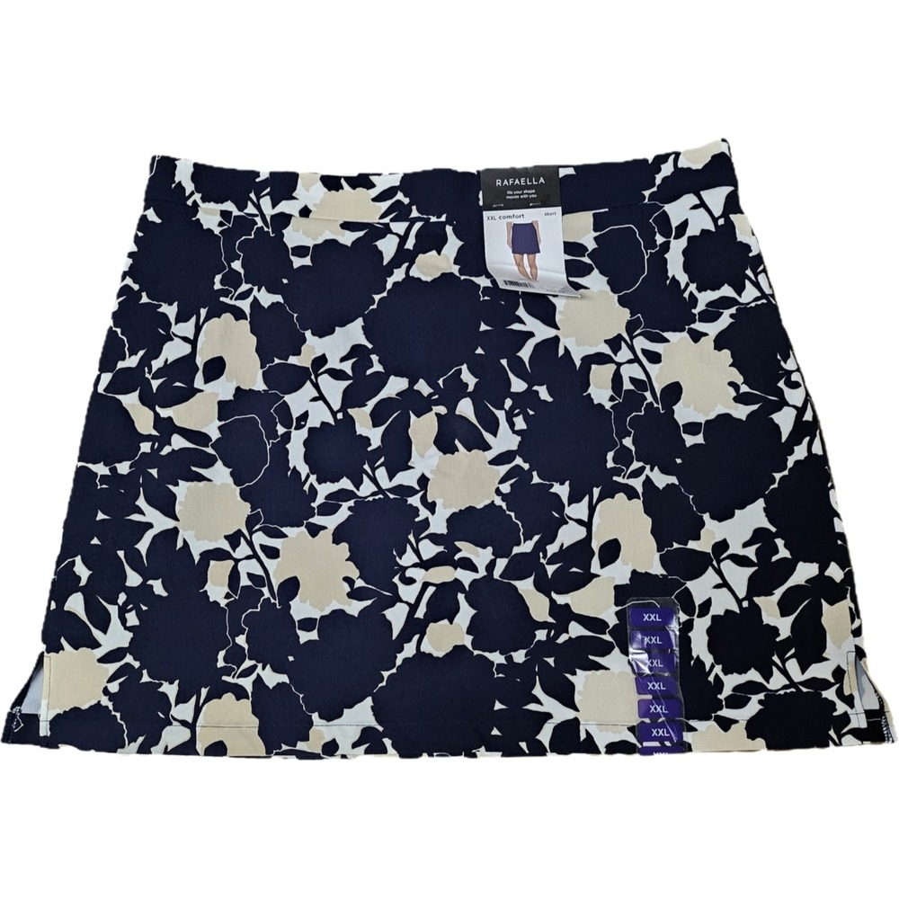 Rafaella Navy Blue Floral Pull-on Comfort Stretchy Skort Skirt Side Slits Sz XXL